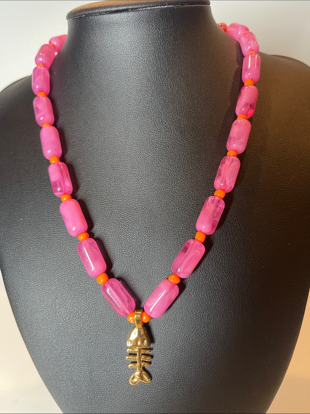 Pink Beaded Necklace with Gold Fishbone Charm 01808